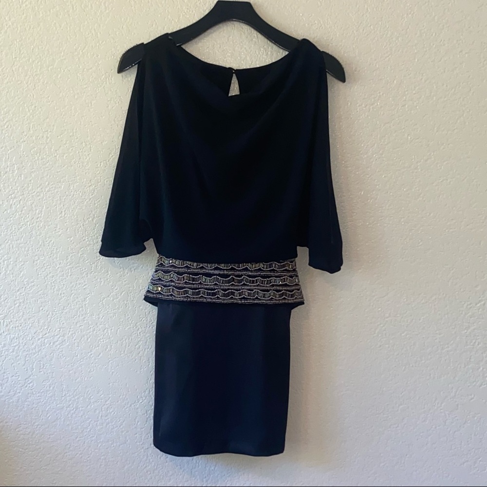 XOXO Cold Shoulder Black Dress Beaded Waist Tie Back Cocktail Party